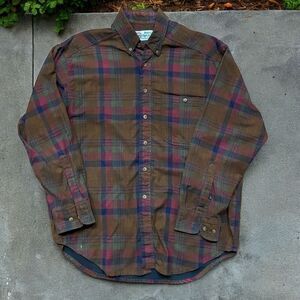 Basic Options Vintage Corduroy Plaid Flannel Brown Button Front Shirt Mens Large